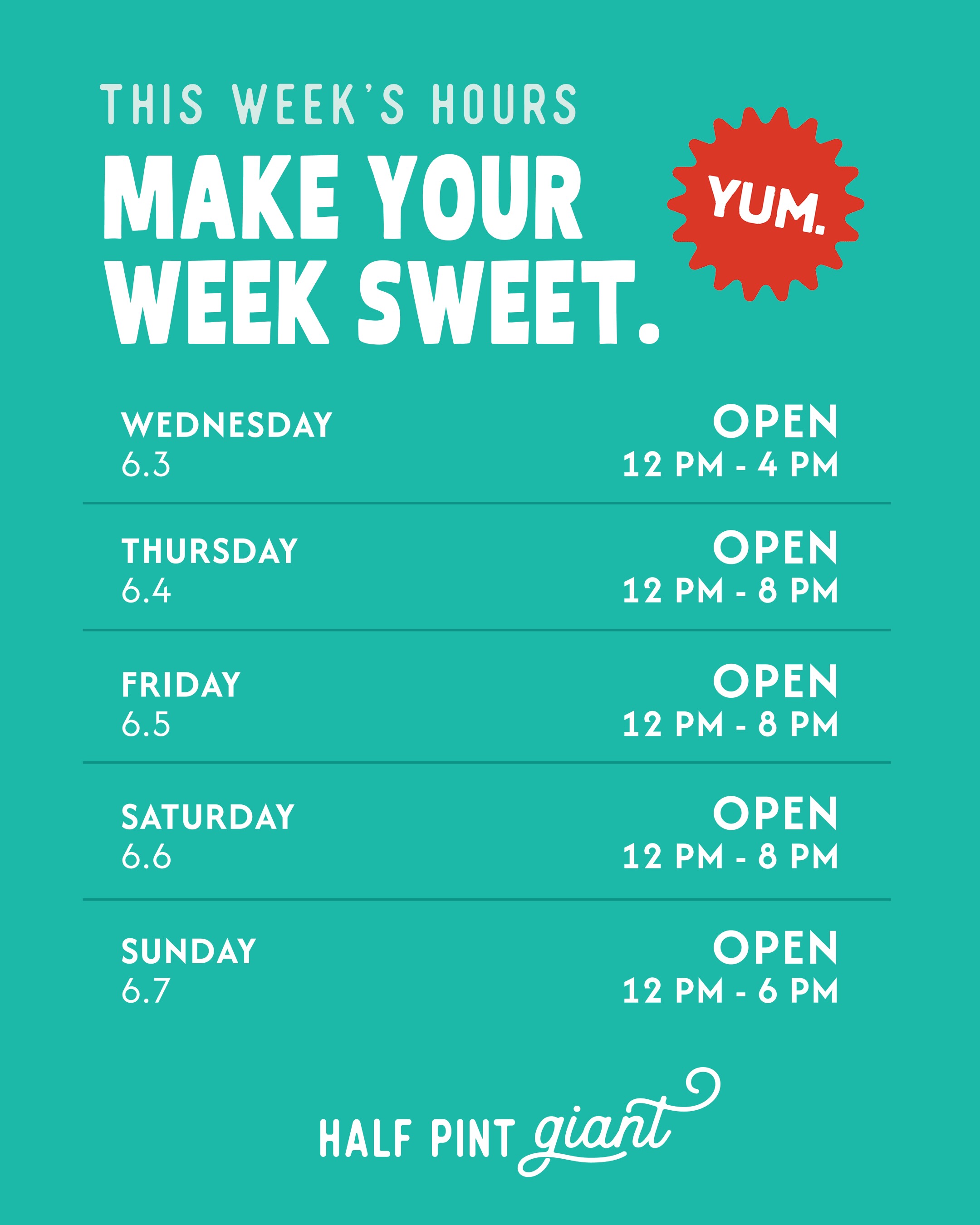 Store hours for Wednesday, May 27th 2026 through Sunday, May 31st 2026